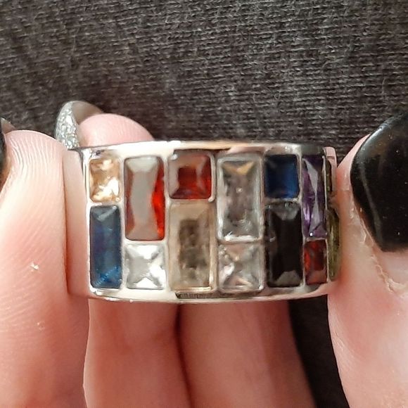 Silver solid titanium multi color Swarovski crystal boho ring sz 9 new - Picture 7 of 10